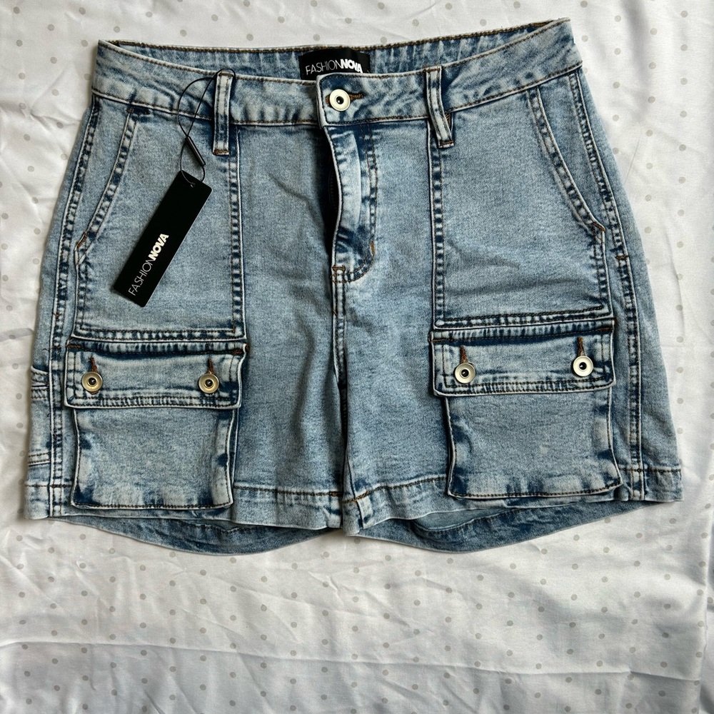 Fashion Nova Blue Jean Shorts with Utilitarian Design